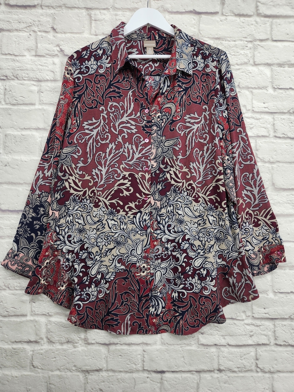 Chico's Paisley Floral Blouse Size 3 XL Burgundy Navy Cream Boho Career Chic